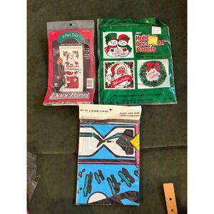 Vintage Christmas Holiday Door Panel & Door Covers Set Santa‎ Snowman Wreath